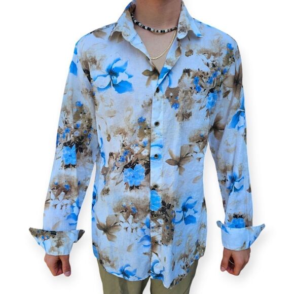 Haupt Germany Long Sleeve Creamy Beige Blue Tropical Floral Print Large - Picture 5 of 9